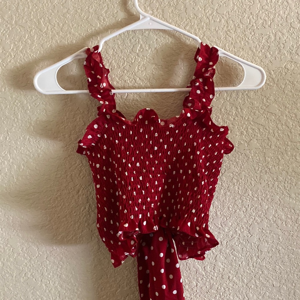 Red polka dot tank with self tie in the back!